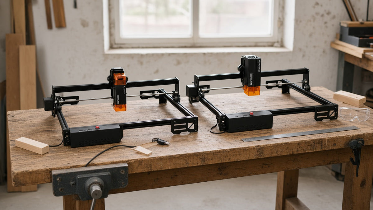 Two open-frame diode laser engravers on an oak workbench in a Northern European workshop