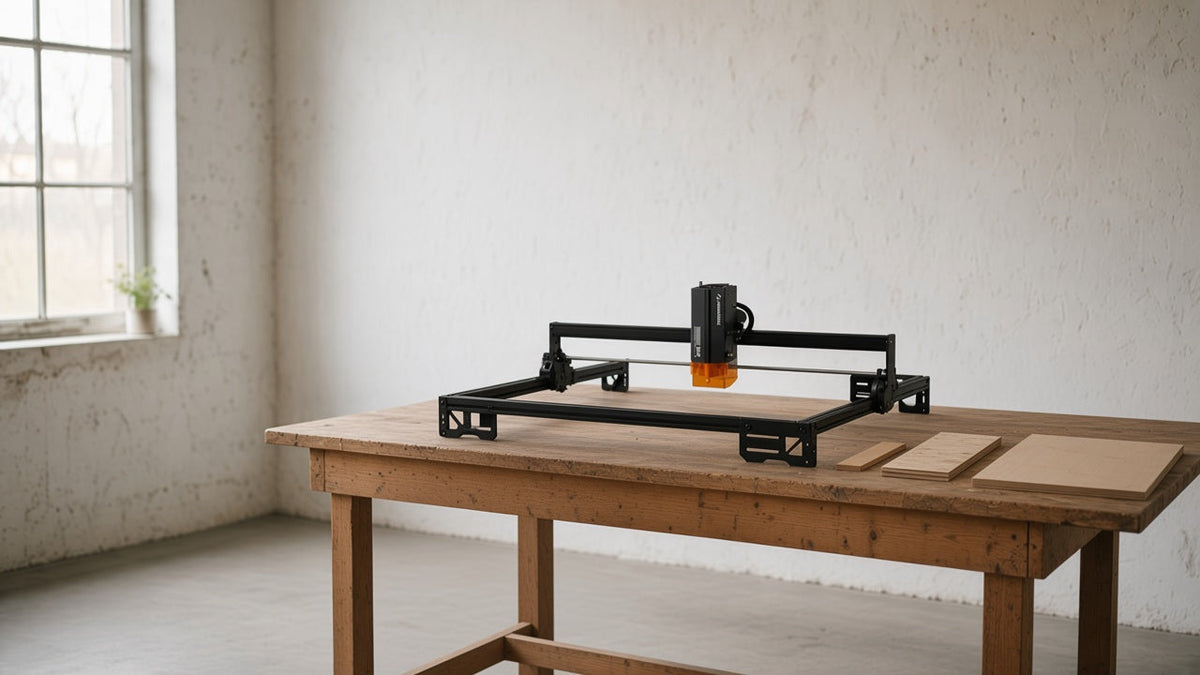 An open-frame diode laser on an oak bench with a wooden tag, a thin offcut, and a plywood sheet