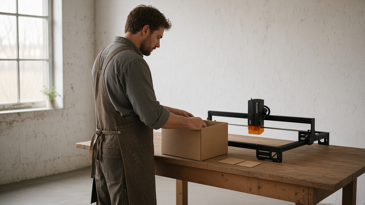 A person opening an unmarked carton beside an open-frame diode laser on an oak bench