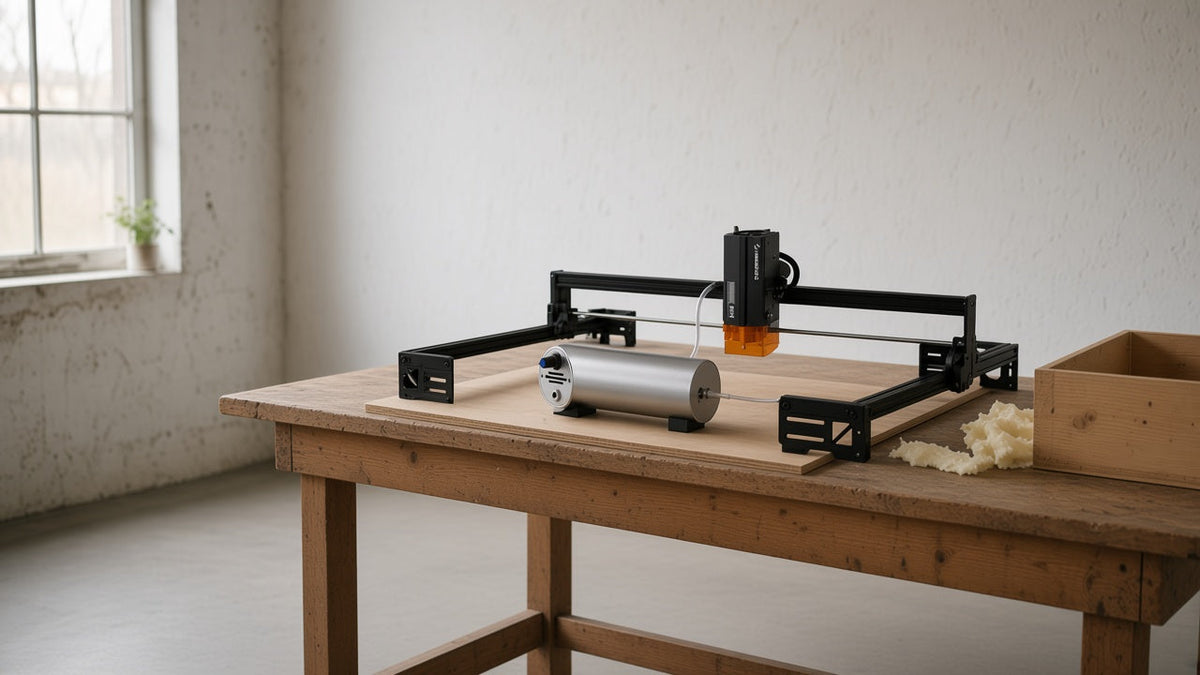 A silver air pump and an open-frame diode laser on an oak bench