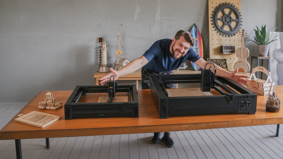 Maker comparing laser machines in a workshop