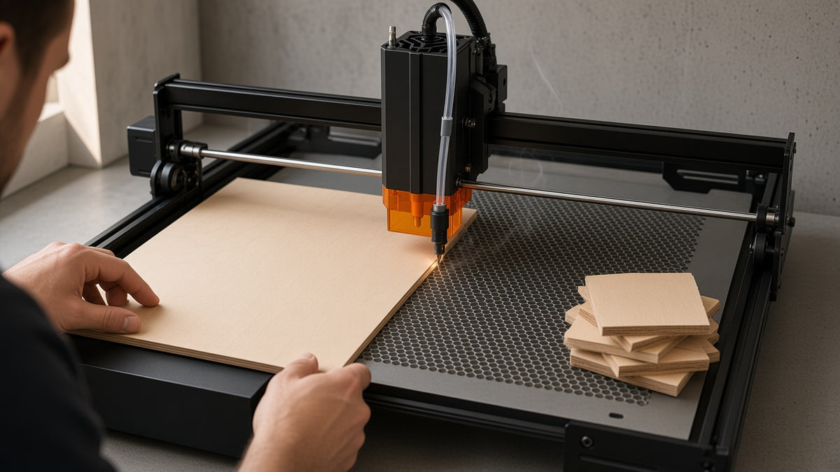 An open-frame laser cutting thin birch plywood in a small European studio