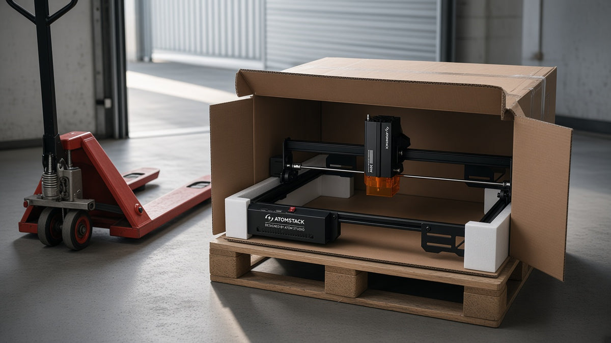 A packed laser engraver on a pallet in a small German warehouse