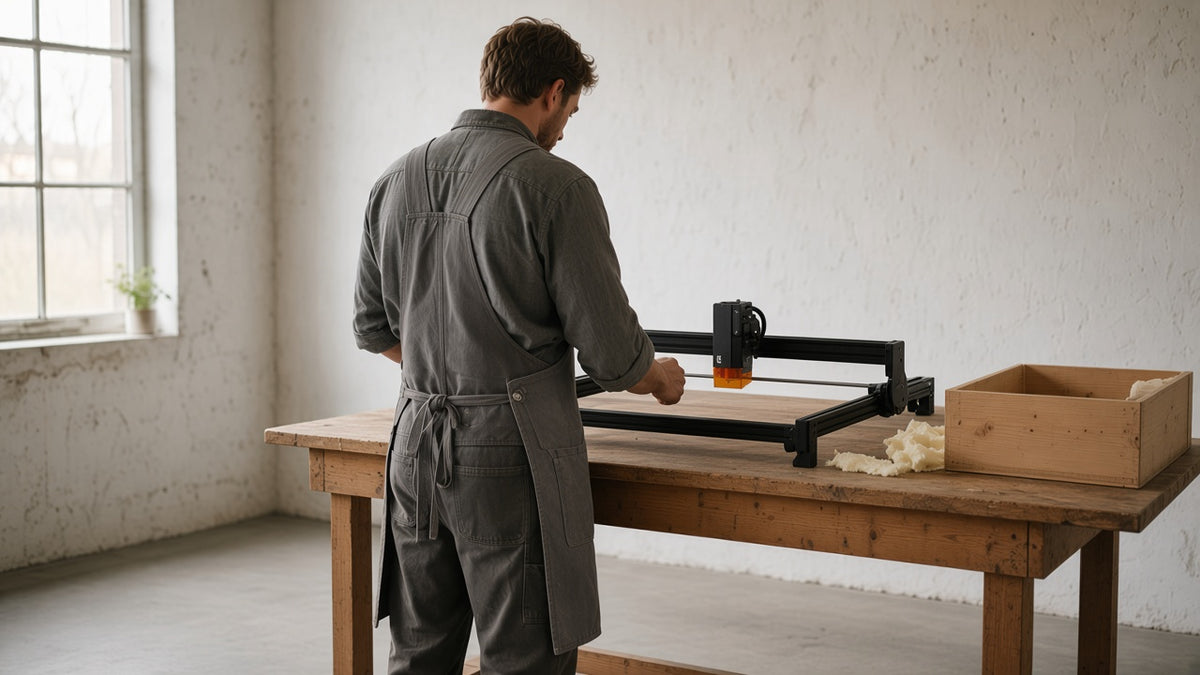A technician inspecting an open-frame diode laser on an oak bench
